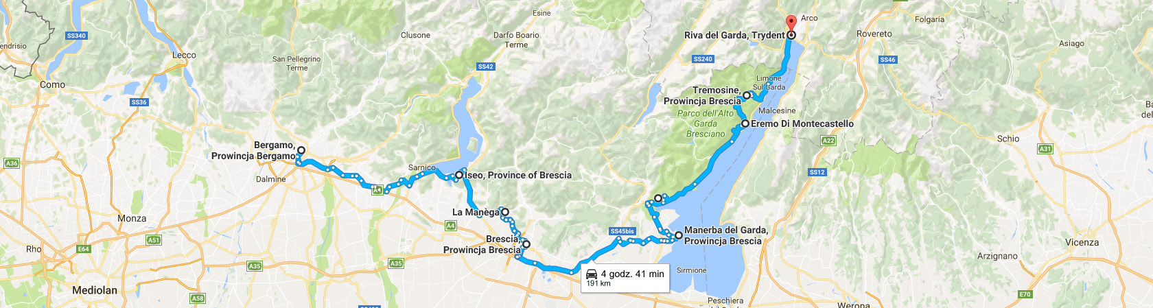 Trasa Bergamo Riva Del Garda brzegiem Jeziora Garda