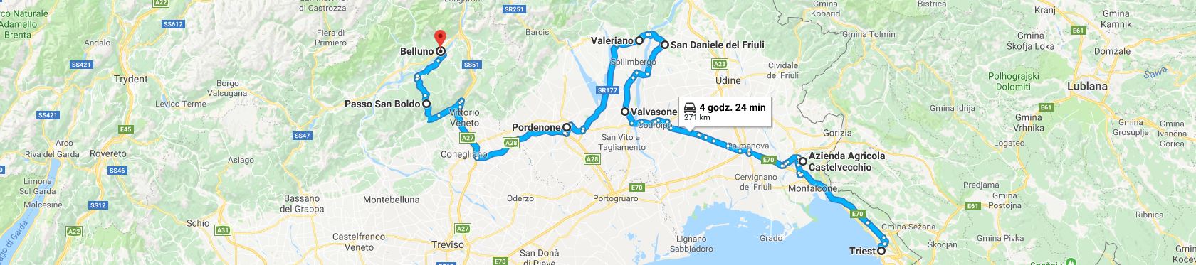Trasa z Triestu przez winnice, Valvasone, San Daniele, Passo San Boldo do Belluno