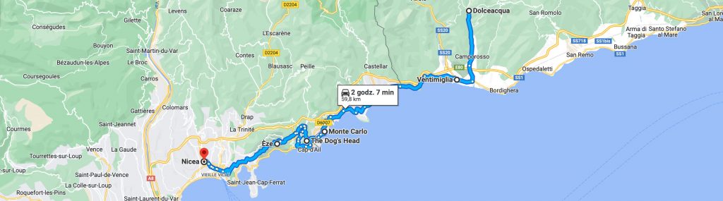 Trasa z Dolceacqua do Nicei przez Ventimiglia, Monte Carlo i Èze